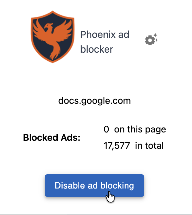 Screenshot of popup menu with ad blocking activated