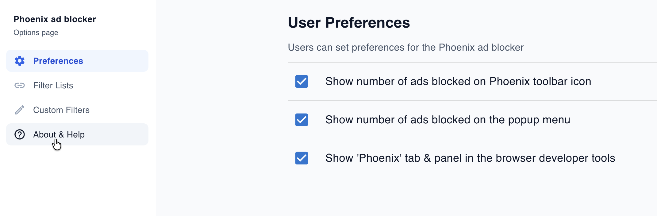Screenshot of options page with About & Help menu item