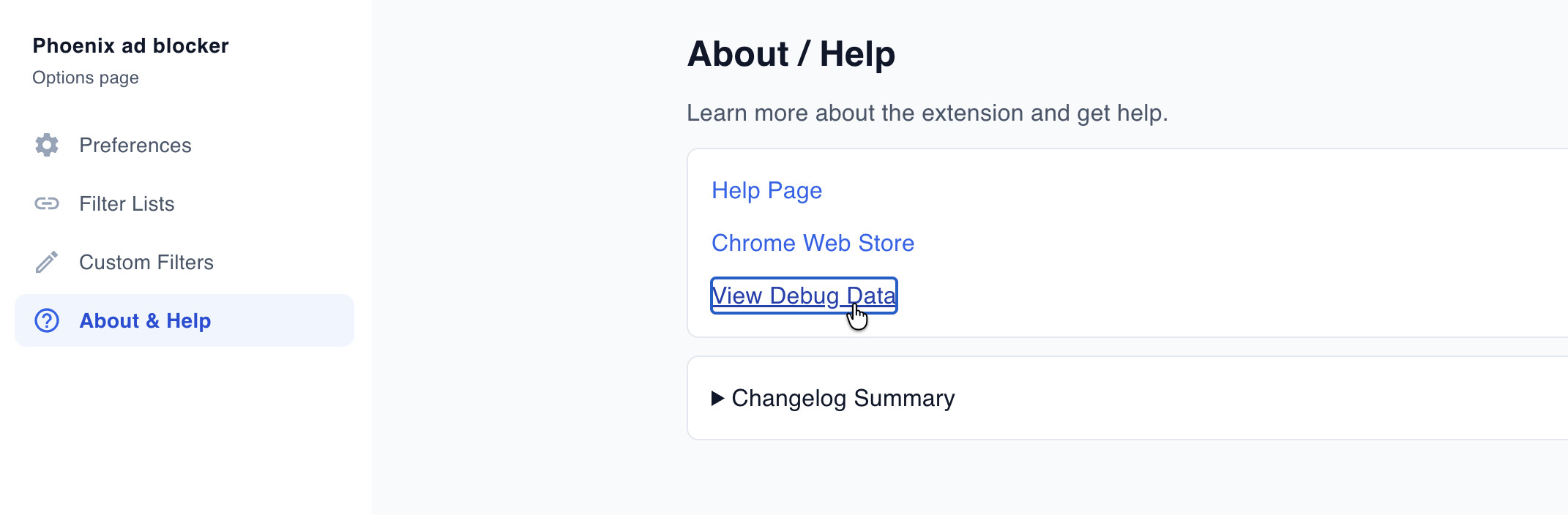 Screenshot of About & Help page with View Debug Data link