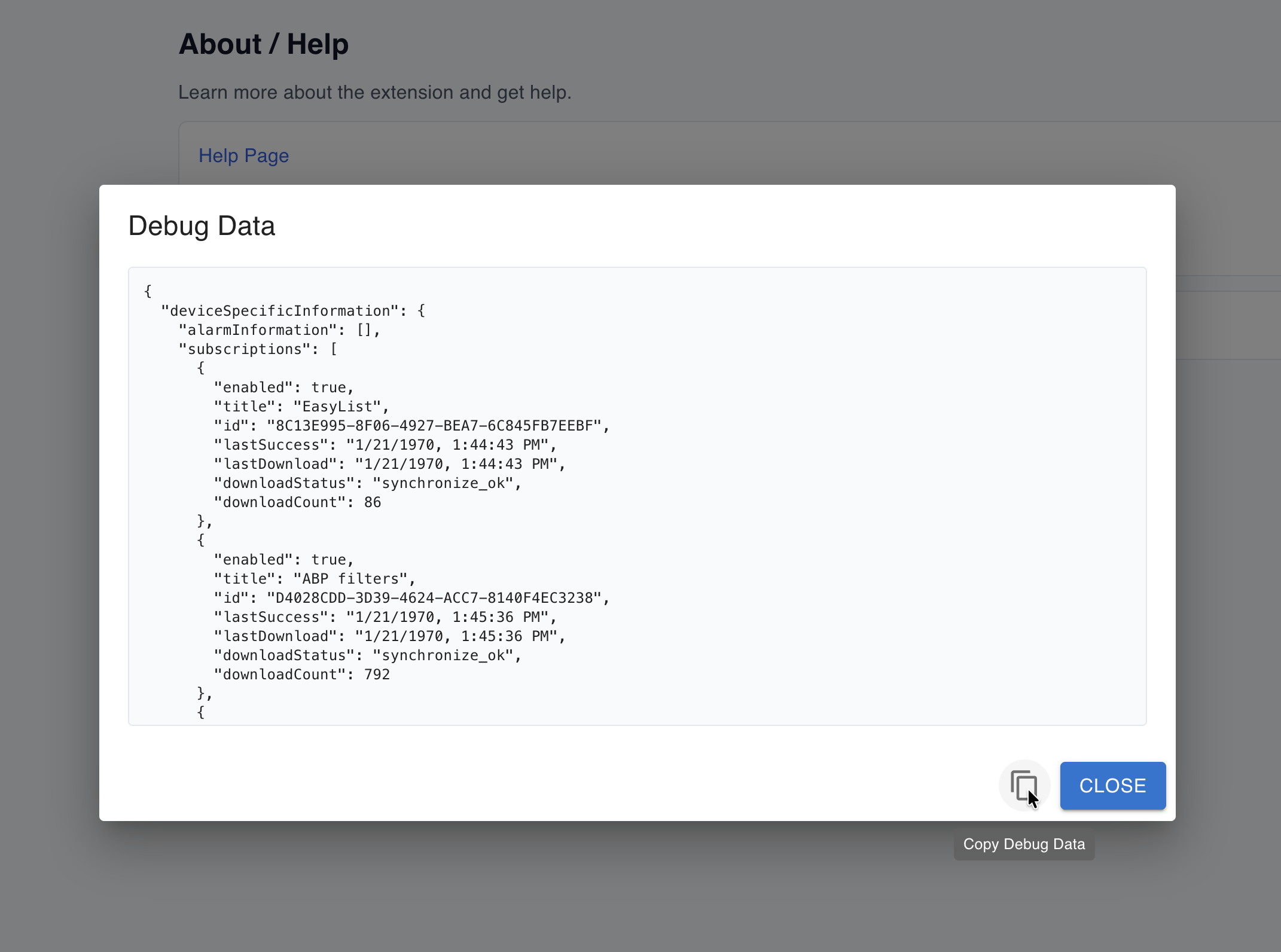 Screenshot of the Debug Data preview and its copy to clipboard link